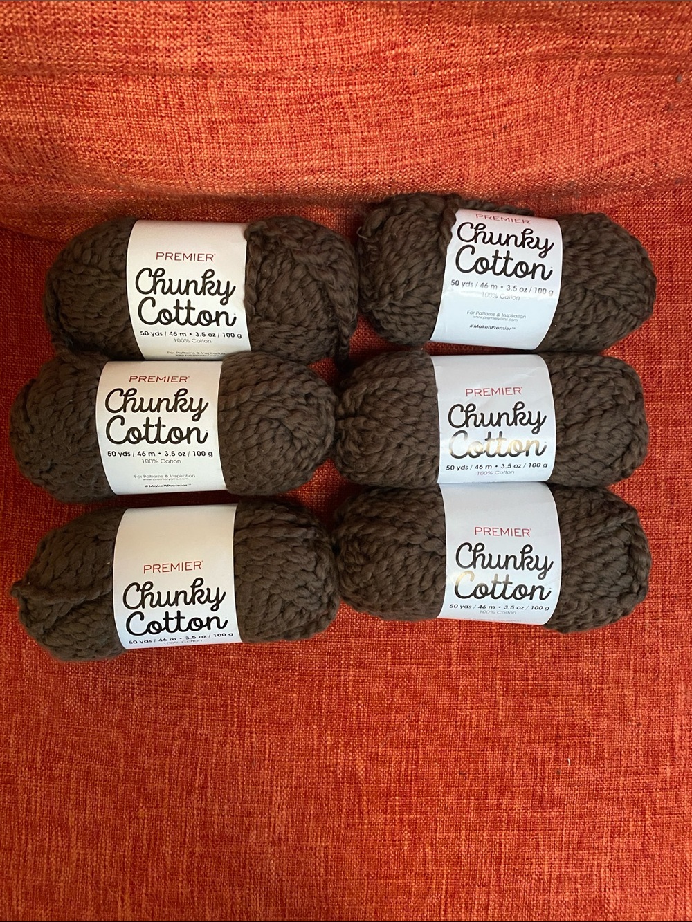 6 Knit lot Premier Chunky 100% Cotton Yarn 6 Balls Skeins Chocolate Brown